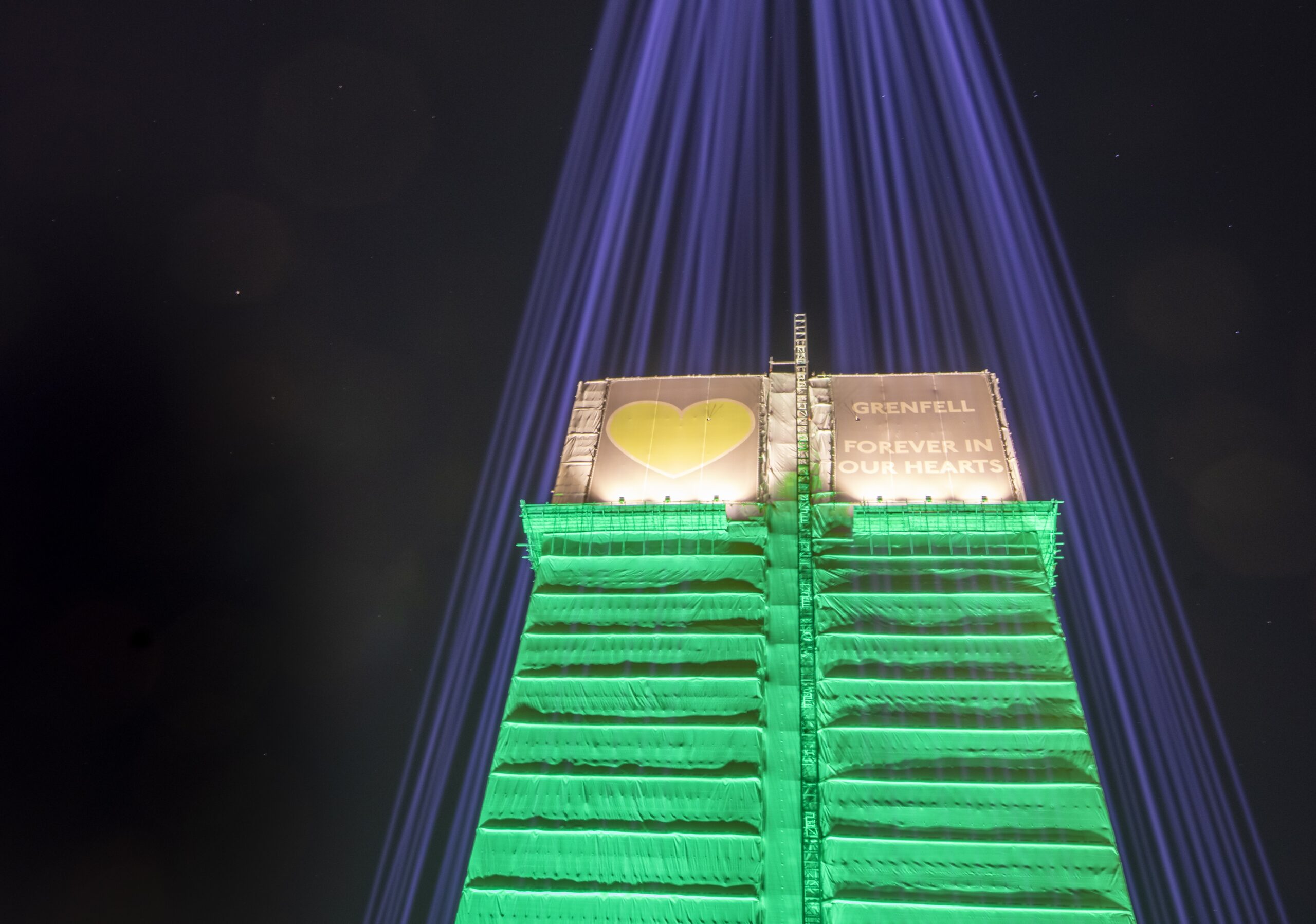 The tower lit up at night