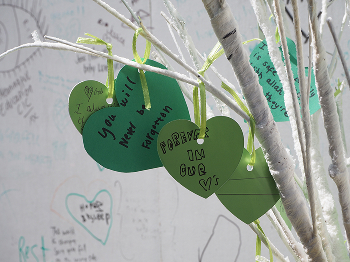 Grenfell paper hearts attached to a tree